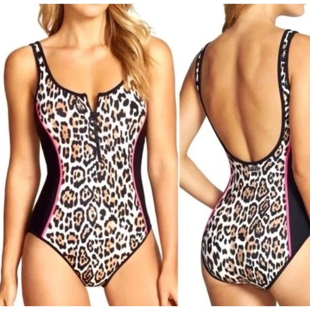 NEW Juicy Couture Sport Maillot Sz S Swimsuit Pink Wildcat Colorblock Zip Front